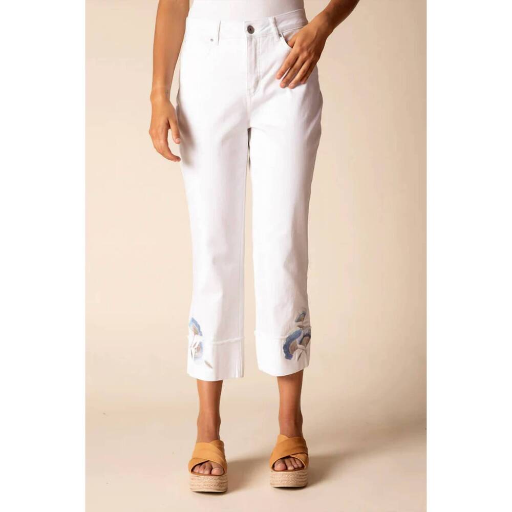 NEW HABITAT floral embroidered stretch denim cuff capri pants in white